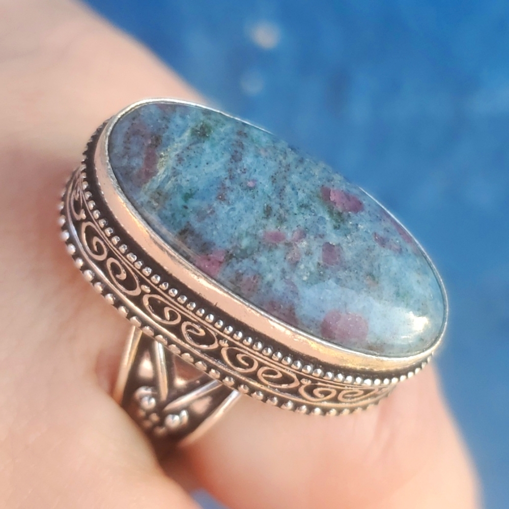 New Ruby in Zoisite Antique Design Silver Ring.